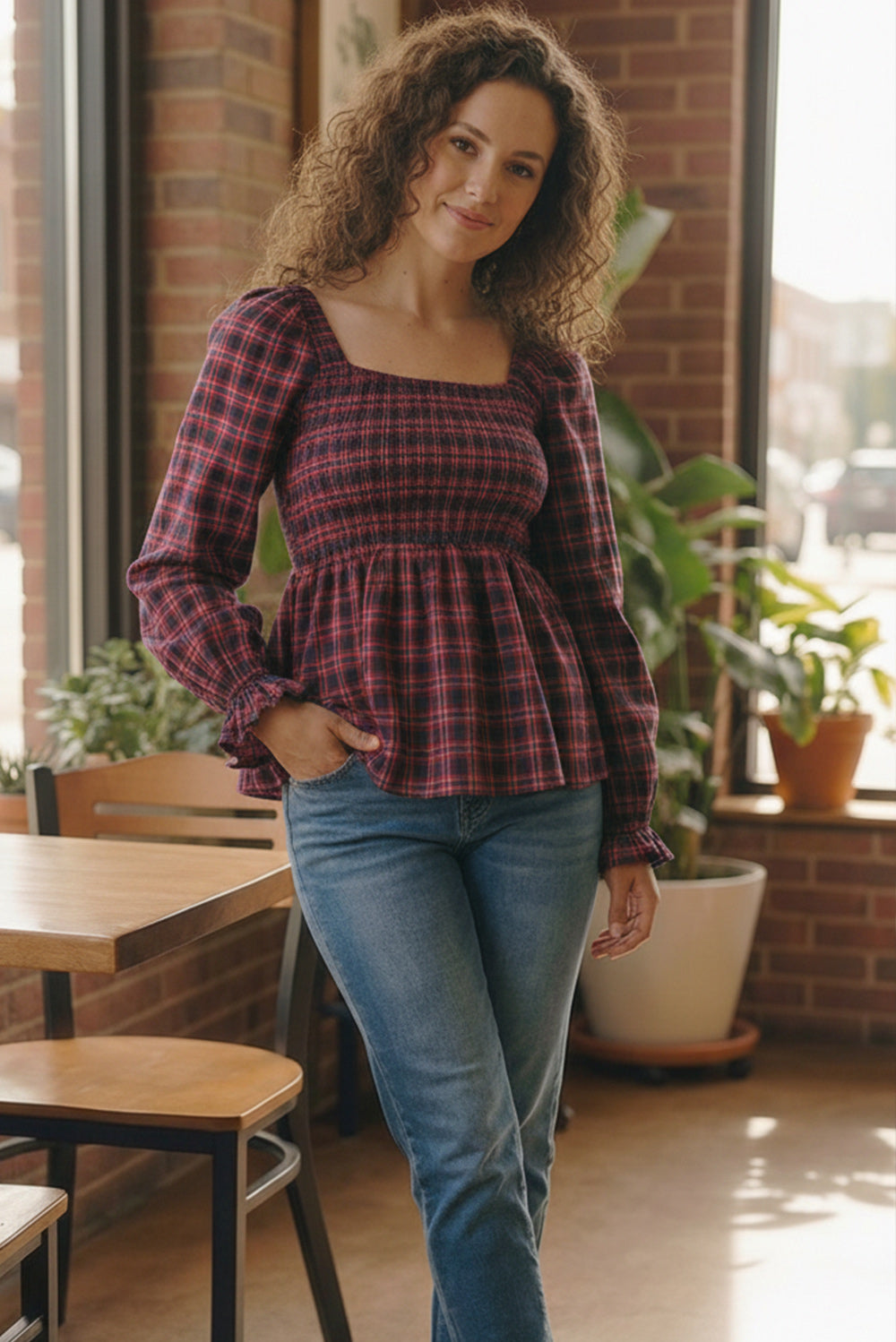 Sweetheart Smocked Cranberry Plaid Top – The Spotted Phoenix