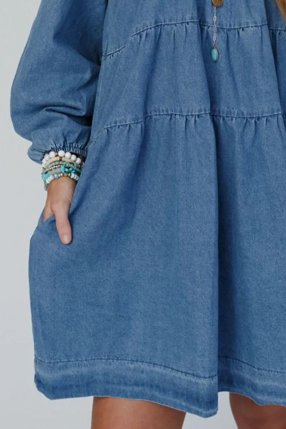 free people long sleeve denim dress Tied Square Neck Long Sleeve Denim Dress with Pockets – The Spotted Phoenix