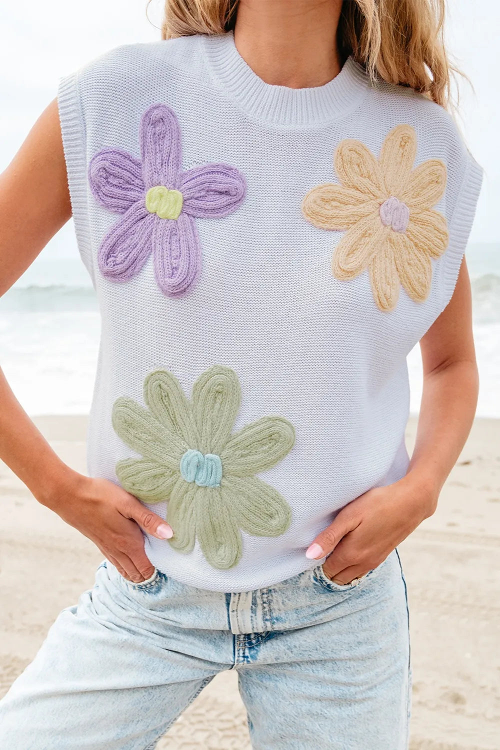 Crochet Flower Round Neck Sweater Vest – The Spotted Phoenix