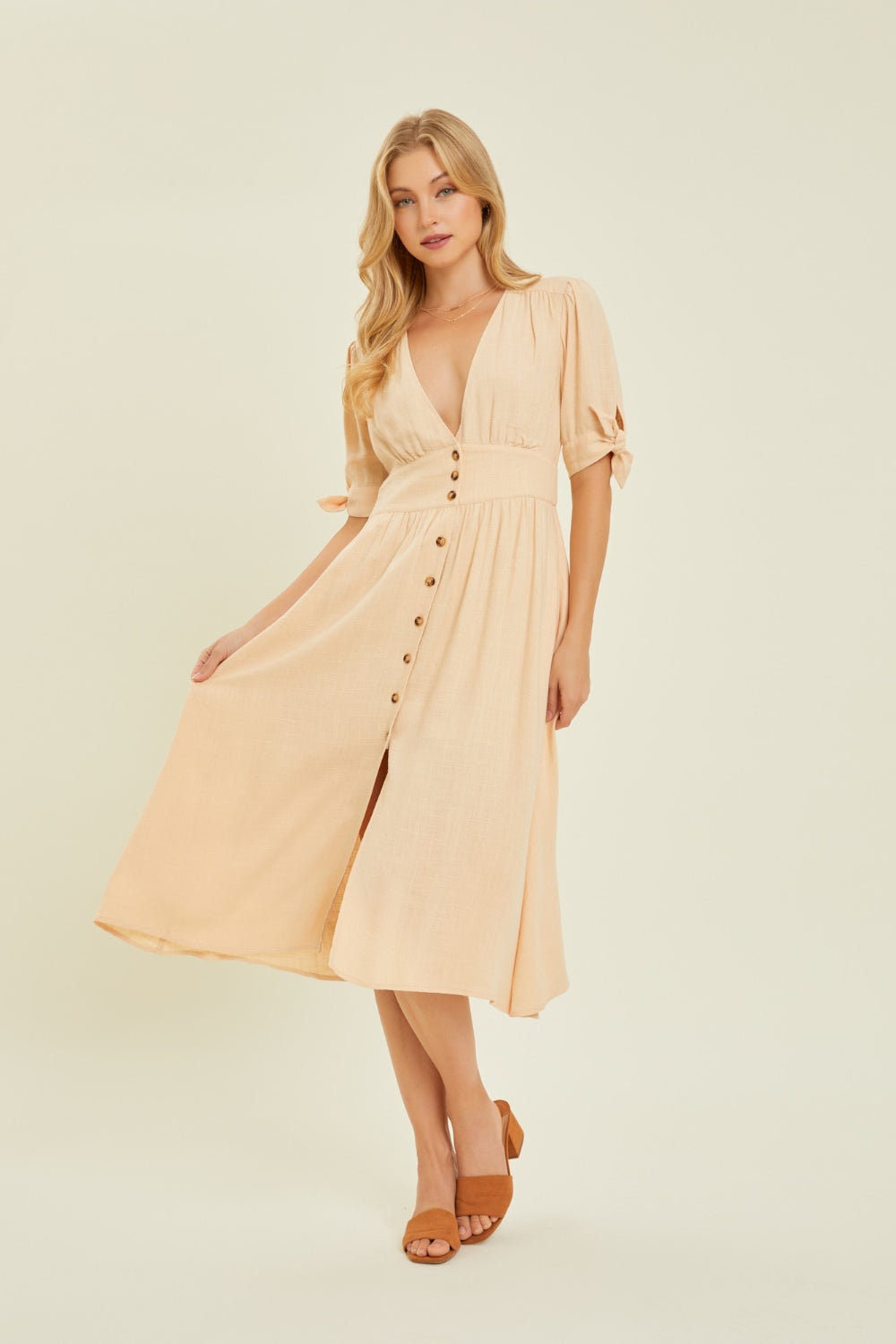 Textured Linen V-Neck Button-Down Midi Dress – The Spotted Phoenix