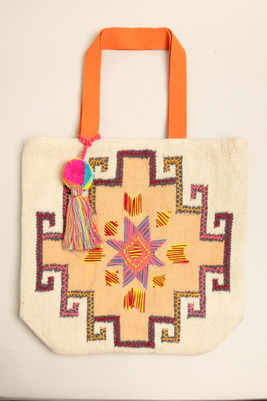 Aztec Pattern Pom Pom Tassel Shoulder Bag