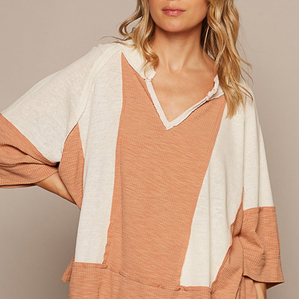 Notched Frayed Edge Contrast Top