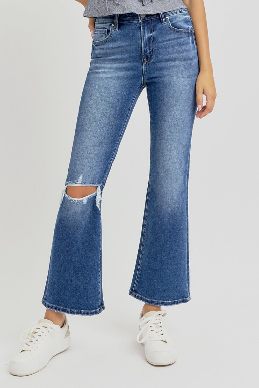 RISEN Distressed High Rise Crop Flare Jeans