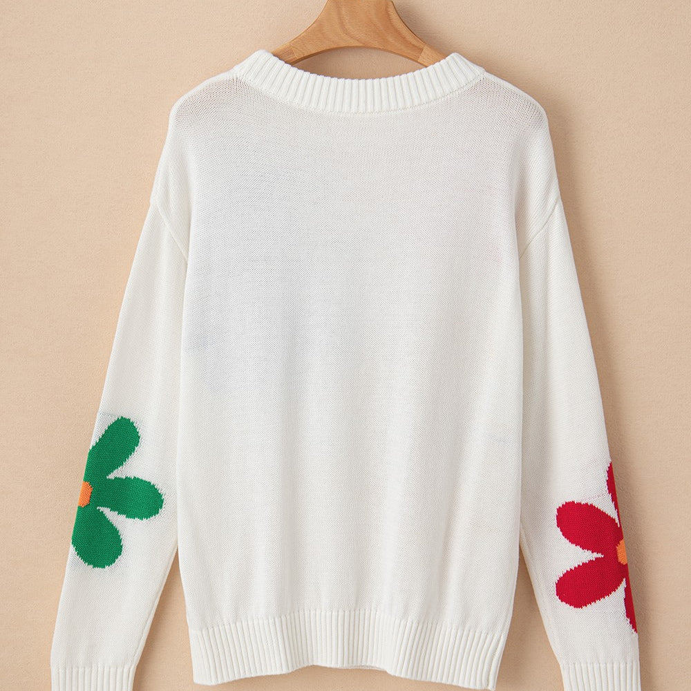 
                      
                        Flower Round Neck Dropped Shoulder Sweater
                      
                    