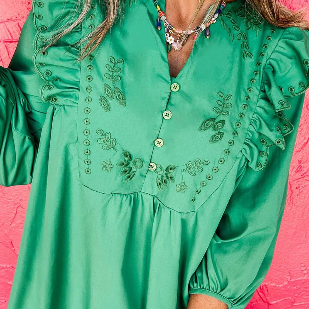 
                      
                        Embroidered Ruffled Notched Three-Quarter Sleeve Dress
                      
                    