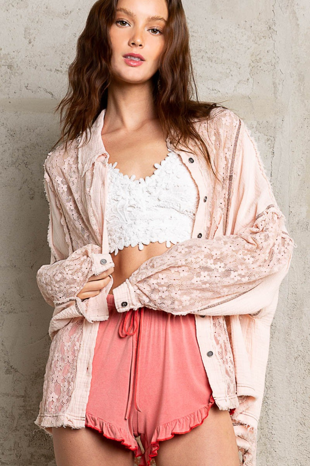 Oversized Lace Button-Down Shirt