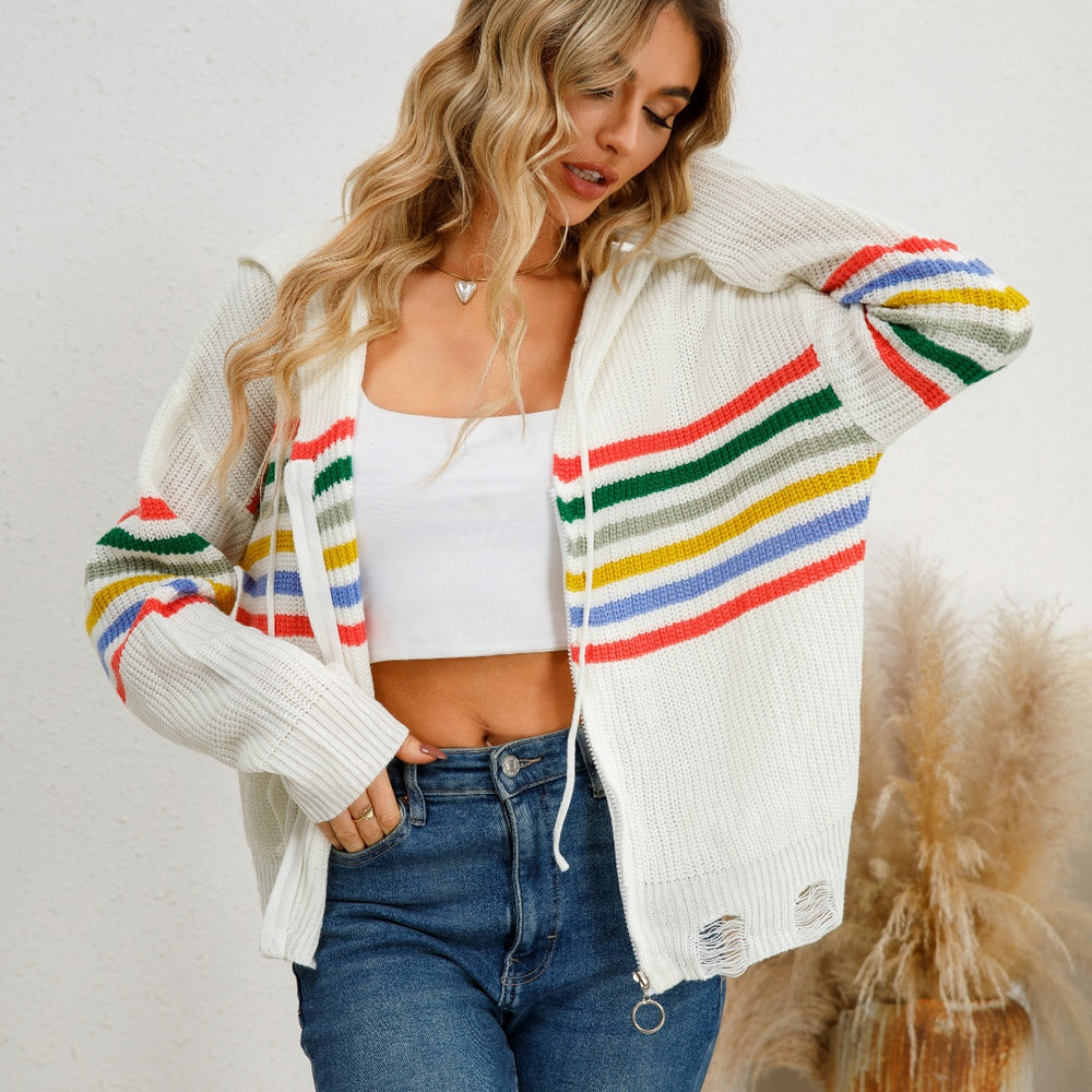 
                      
                        Drawstring Striped Dropped Shoulder Hooded Cardigan
                      
                    