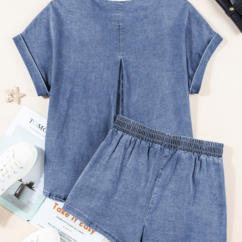 
                      
                        Round Neck Short Sleeve Top and Shorts Denim Set
                      
                    