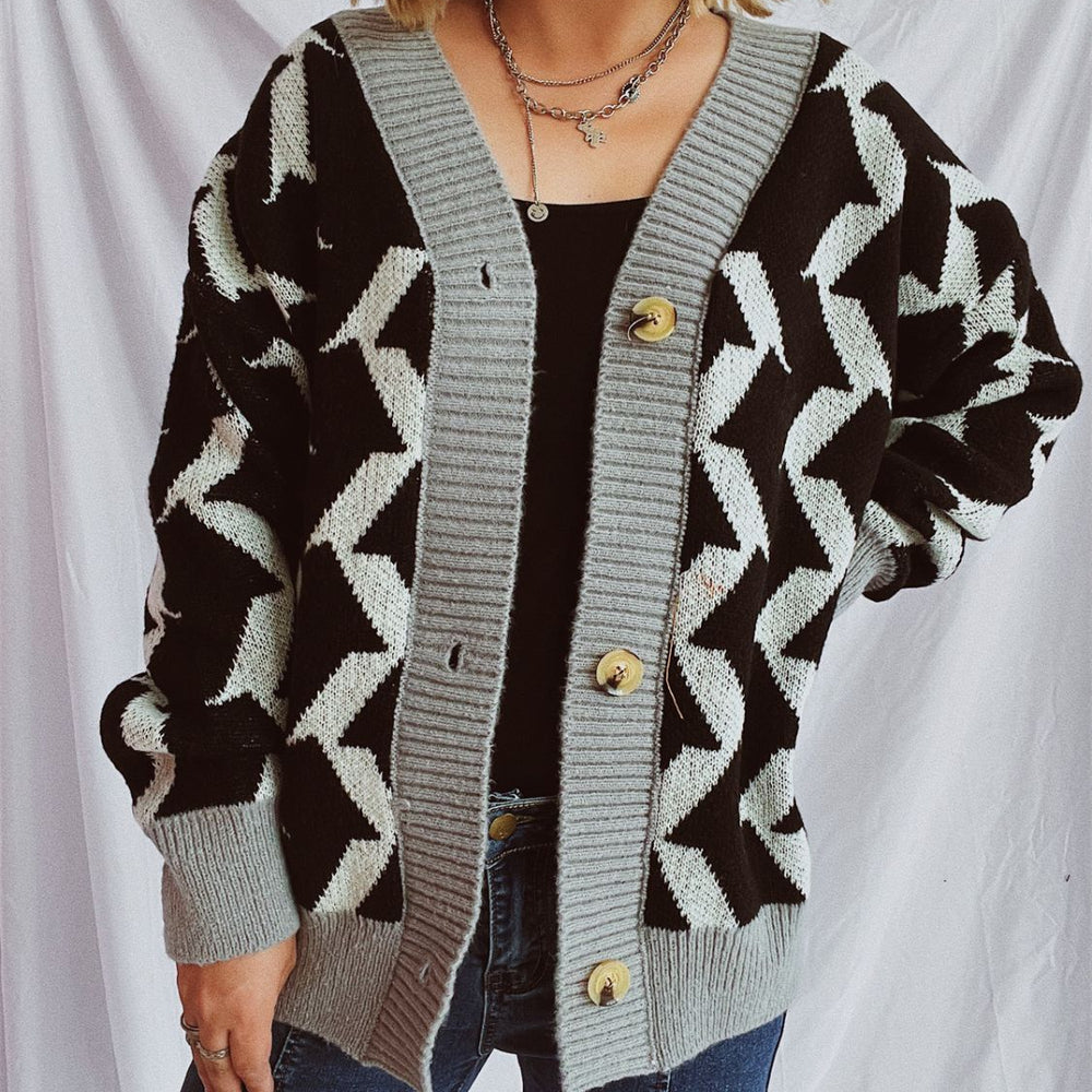 
                      
                        Contrast Trim Geometric V-Neck Long Sleeve Cardigan
                      
                    