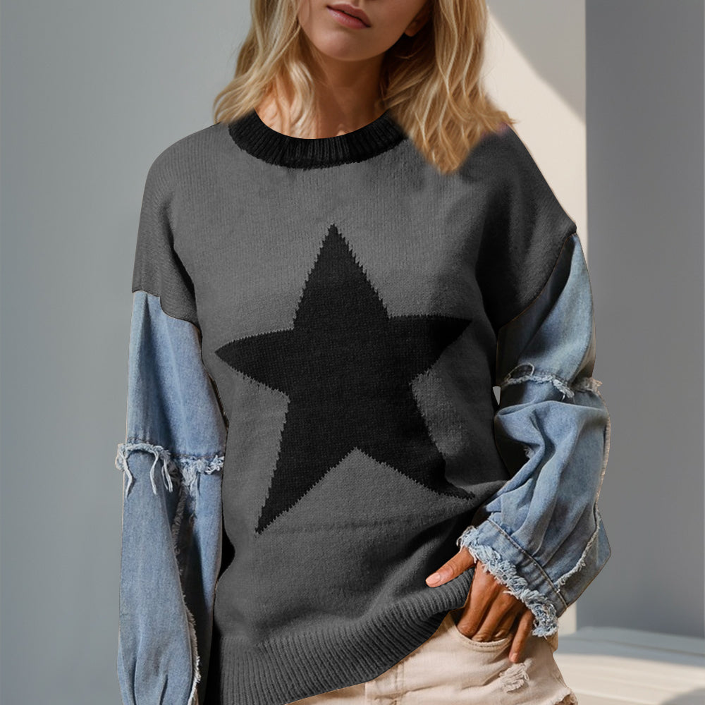 Star Pattern Raw Edge Long Sleeve Sweater