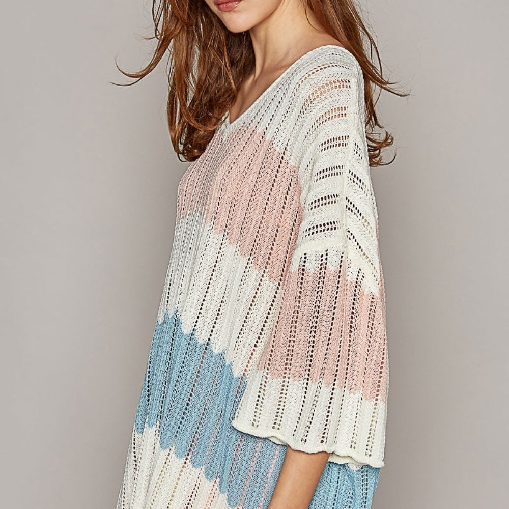 
                      
                        V-Neck Short Sleeve Stripe Weave Sweater
                      
                    