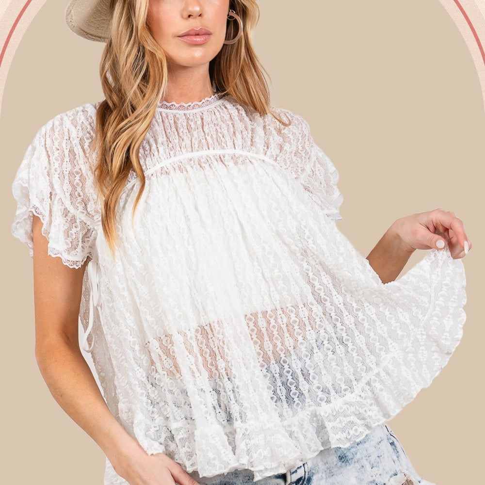 Round Neck Short Sleeve Lace Blouse