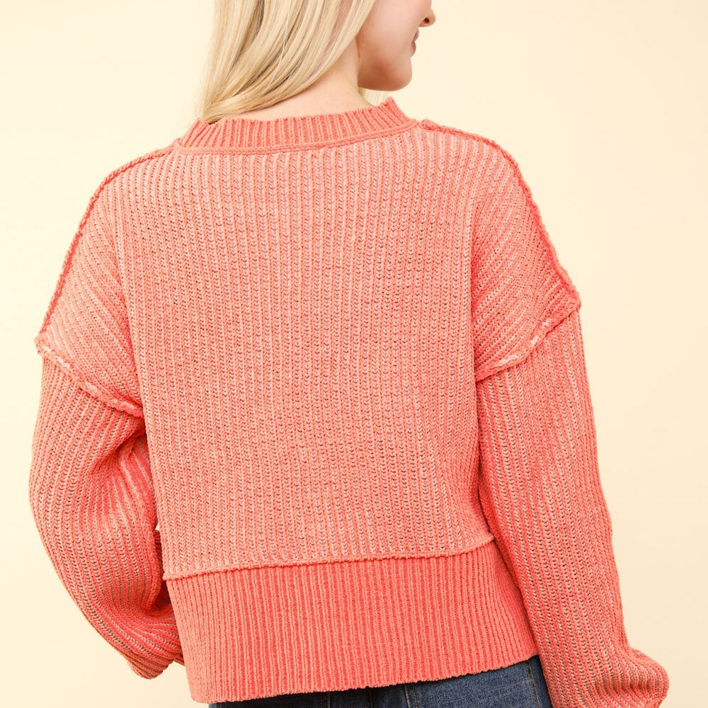 Exposed Seam Cropped Striped Slit Sweater - Coral