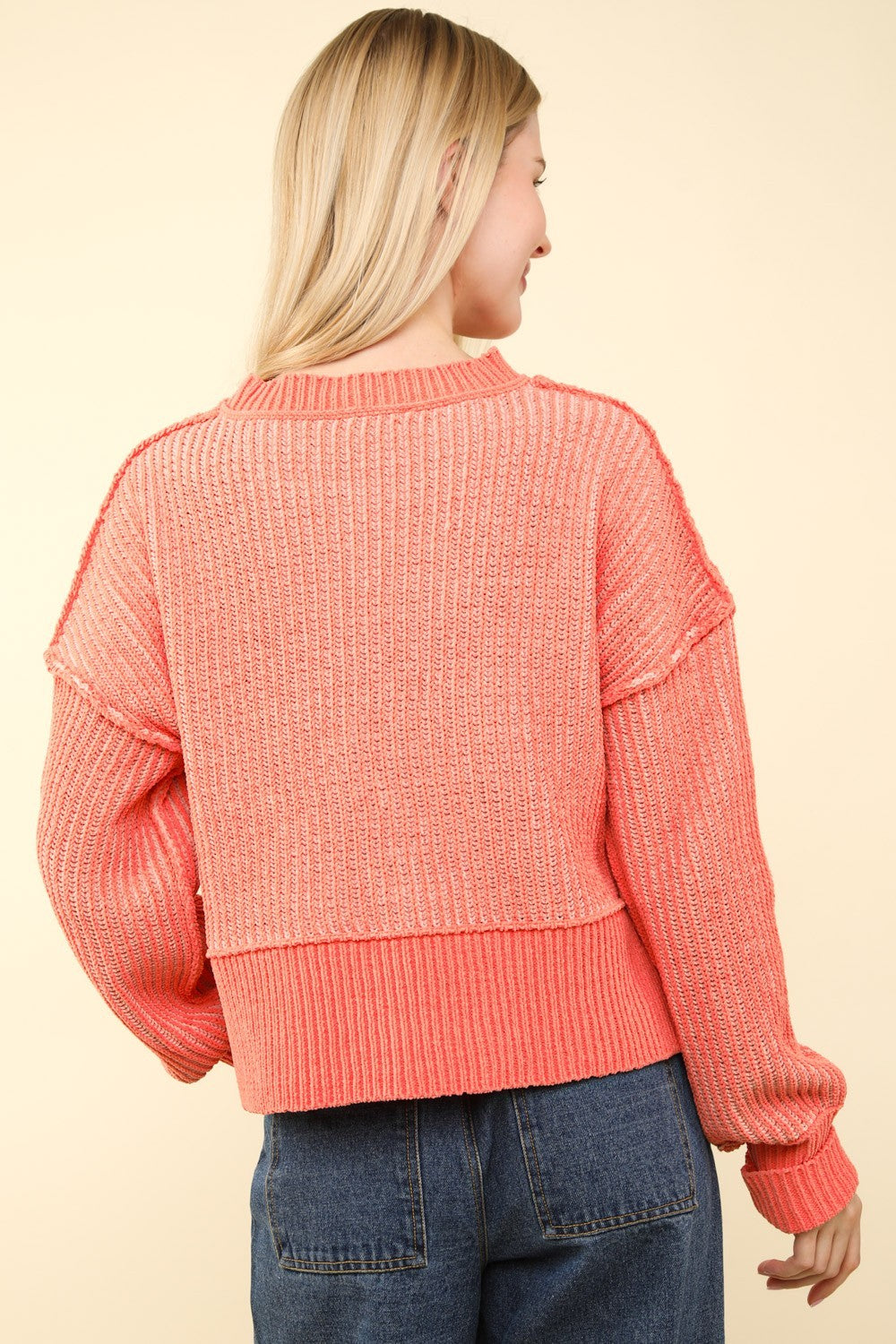 Exposed Seam Cropped Striped Slit Sweater - Coral