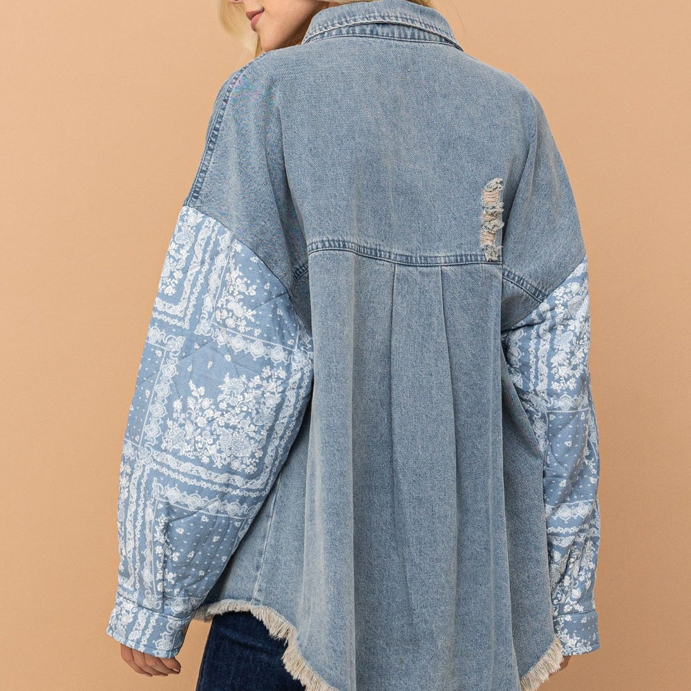 Paisley Print Quilted Sleeves Denim Jacket