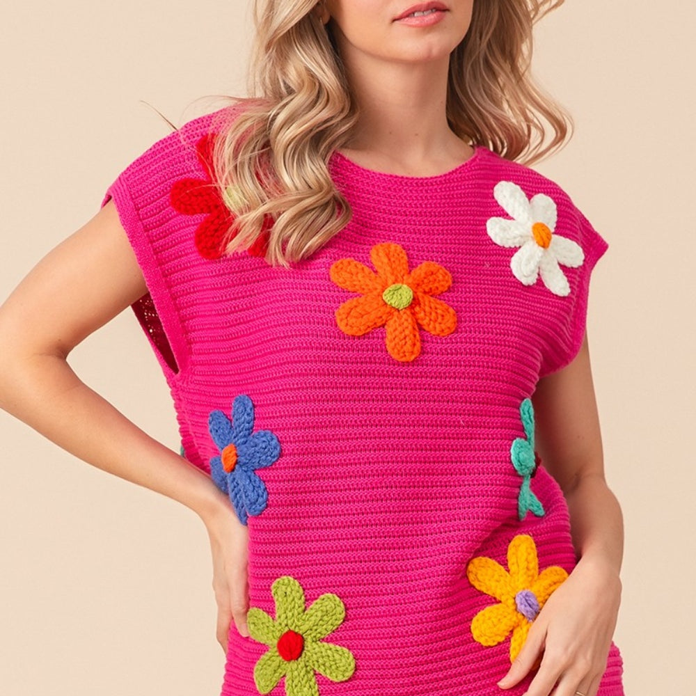 
                      
                        Flower Round Neck Cap Sleeve Knit Top
                      
                    