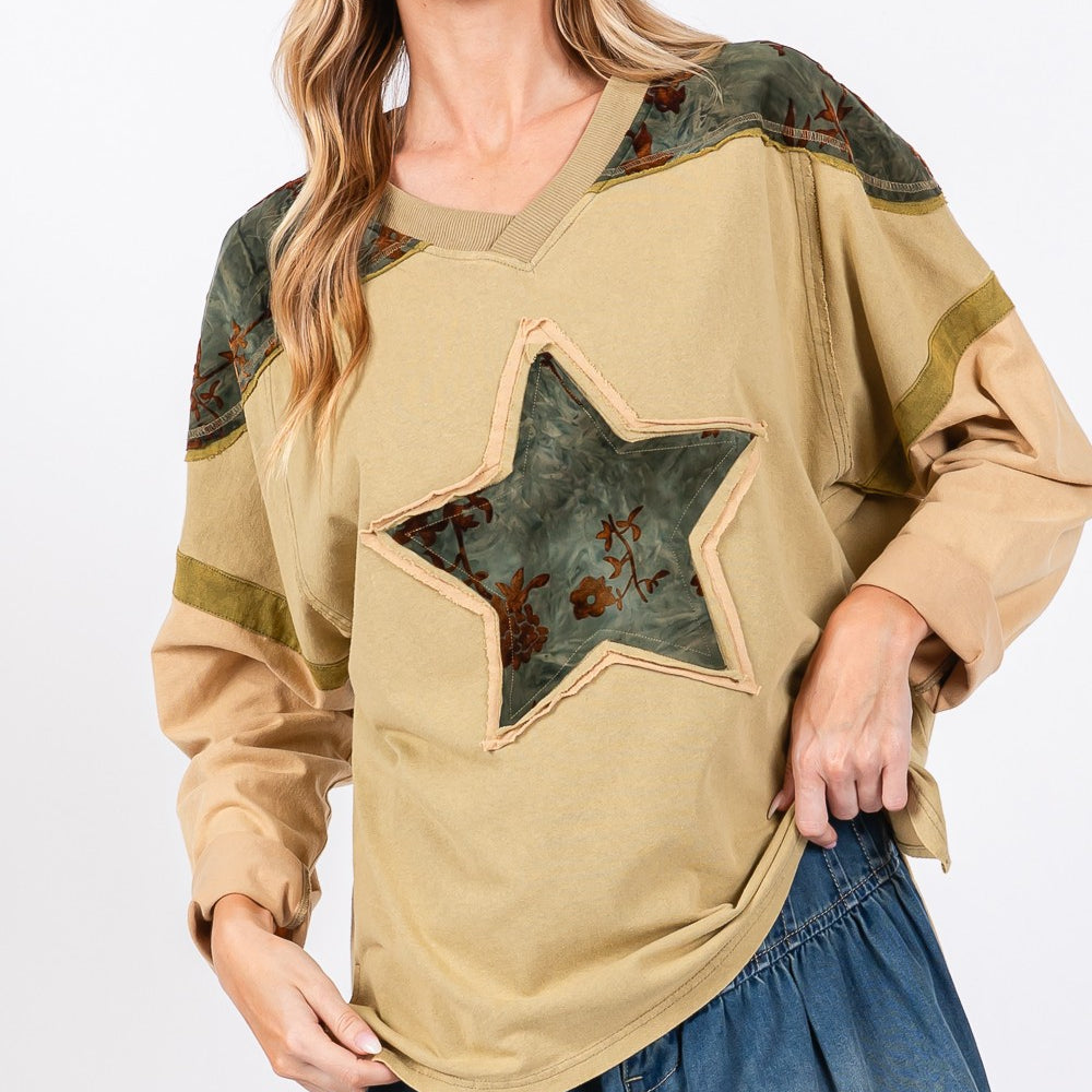 Star Patch Long Sleeve Color Block T-Shirt