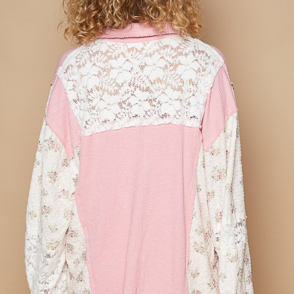 Floral Contrast Front Lace  Pocket Shirt