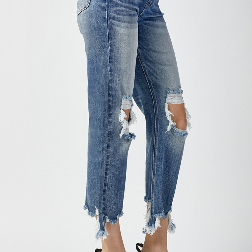 
                      
                        RISEN High Waist Distressed Frayed Hem Cropped Straight Jeans
                      
                    