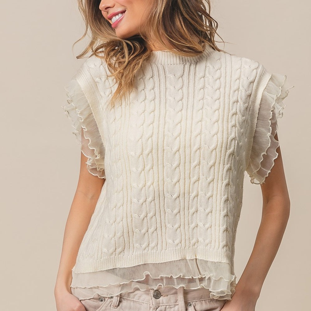 Layered Pleat Chiffon Edge Cable Knit Top