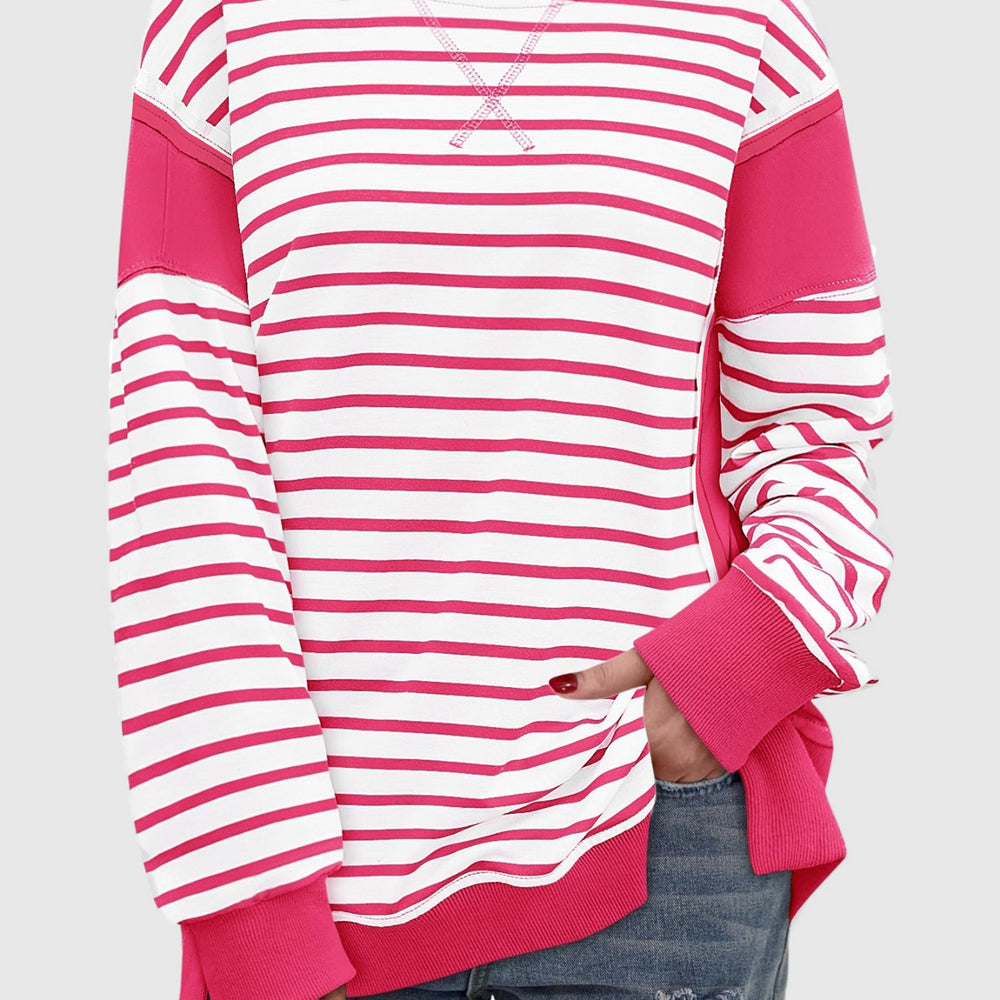 
                      
                        Slit Exposed Seam Striped Long Sleeve Sweatshirt
                      
                    