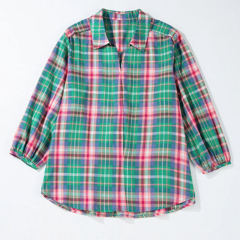 
                      
                        Plaid Collared Neck Three-Quarter Sleeve Blouse
                      
                    