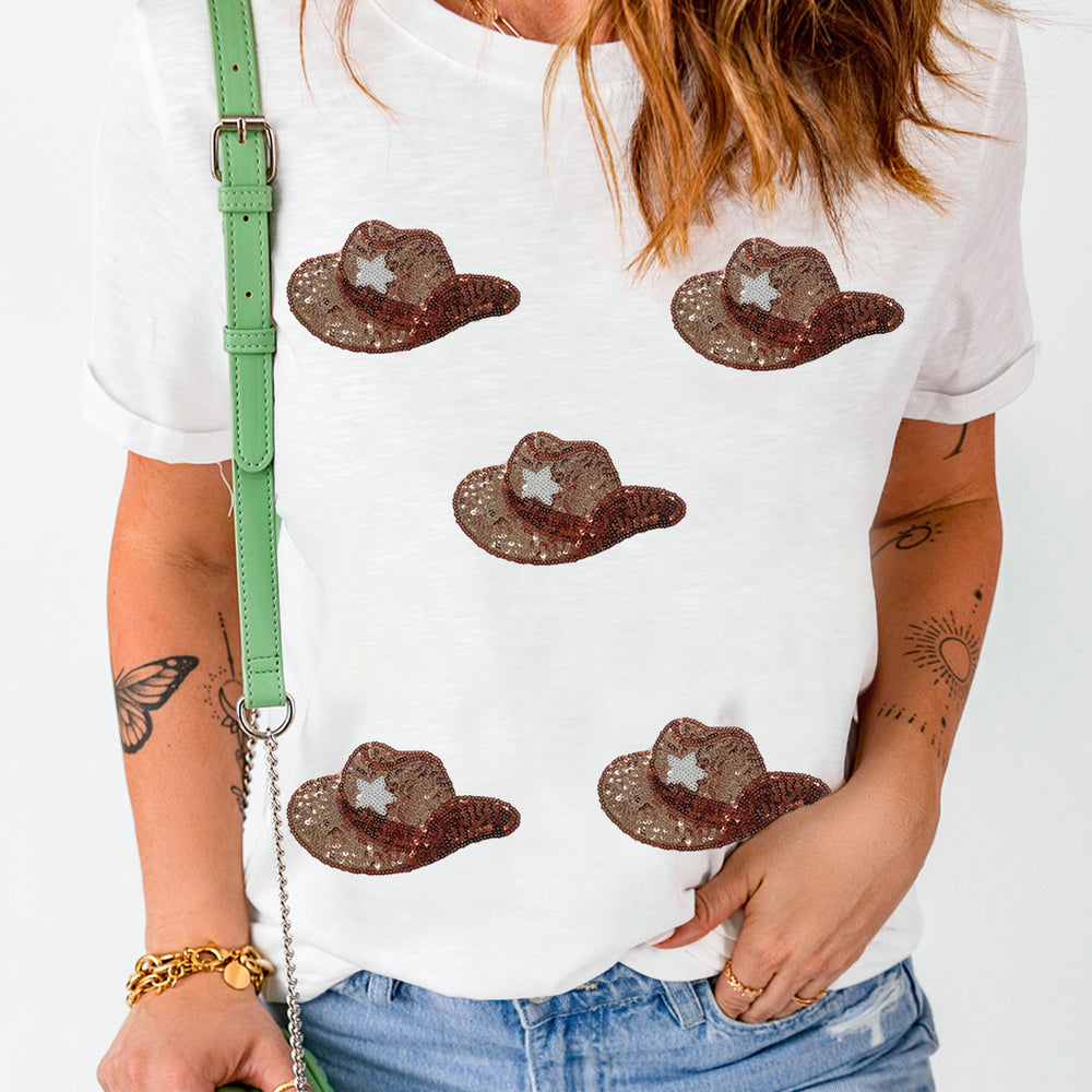 
                      
                        Sequin Hat Round Neck Short Sleeve T-Shirt
                      
                    