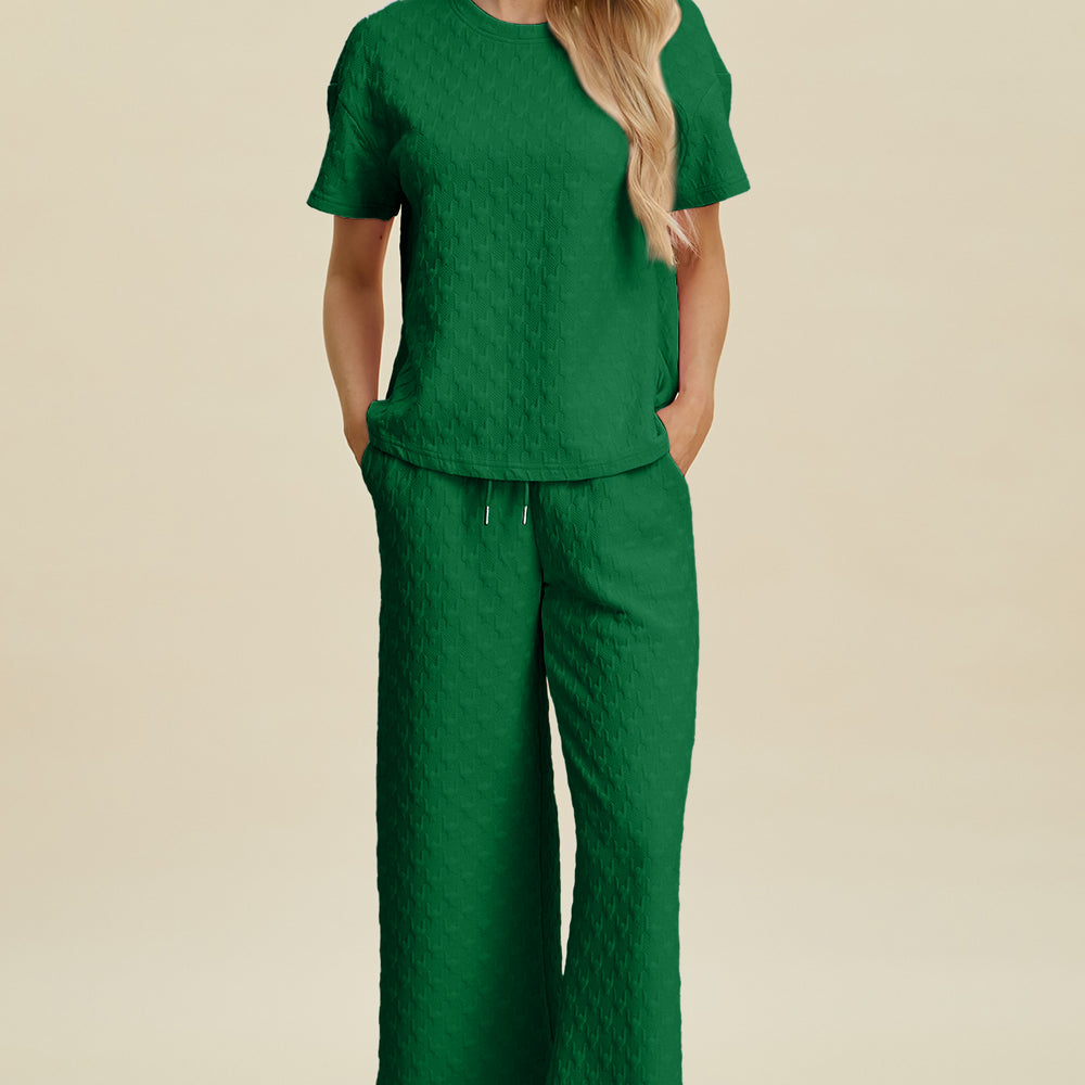 Texture Round Neck Short Sleeve Top and Pants Set