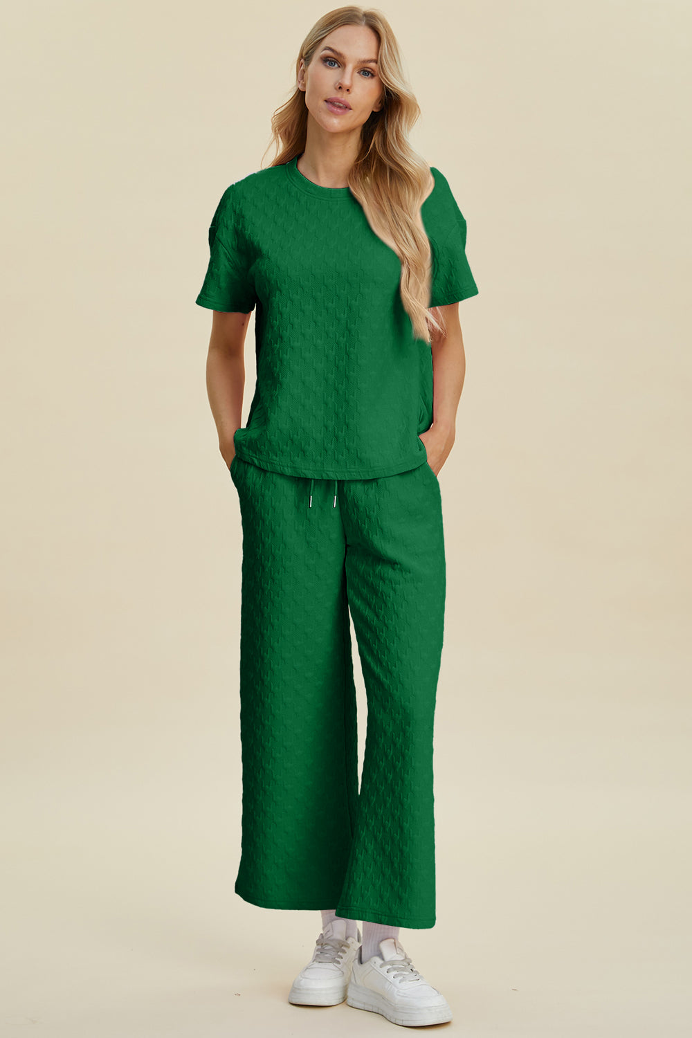 Texture Round Neck Short Sleeve Top and Pants Set