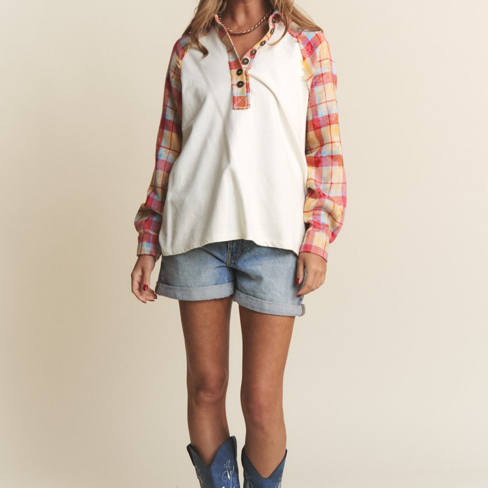 
                      
                        Plaid Contrast Button Down Henley Top
                      
                    