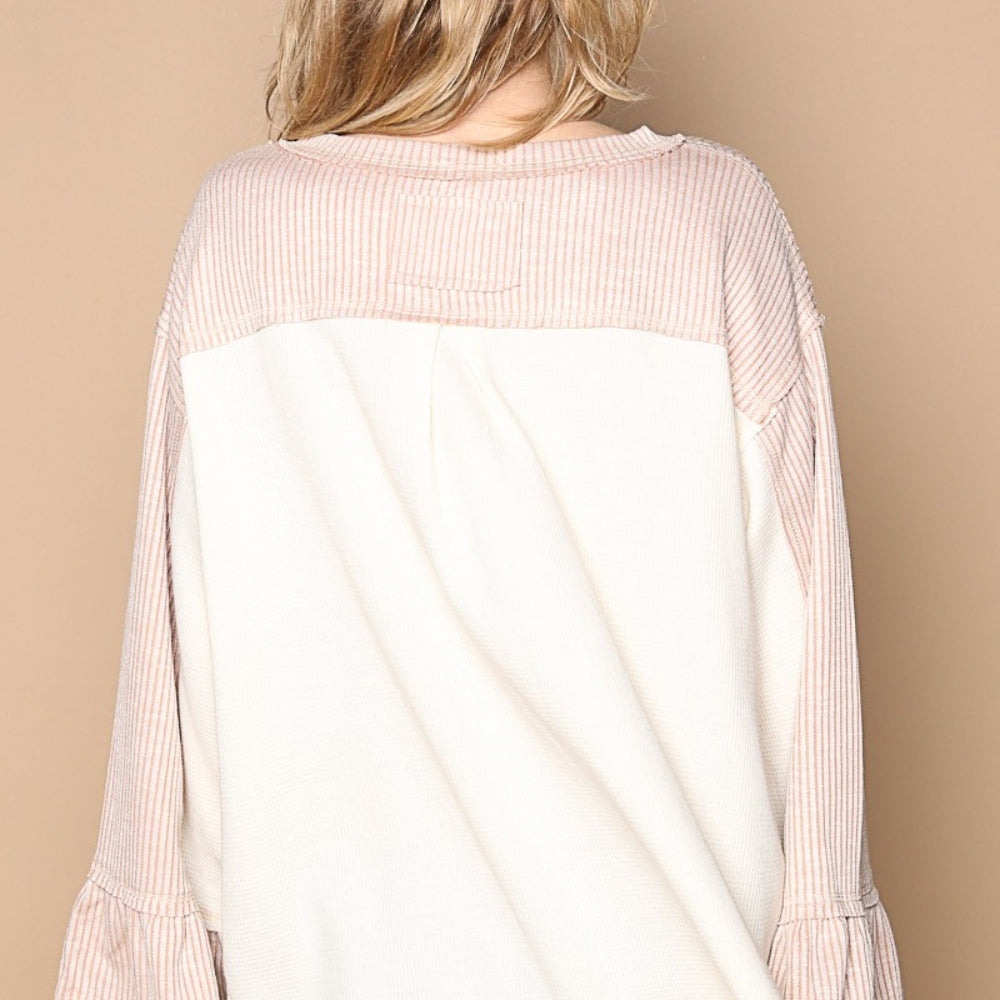 Striped Flounce Sleeve Exposed Seam Top