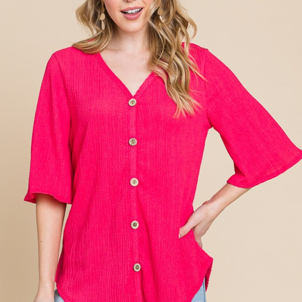 
                      
                        Texture Decorative Button V-Neck Top
                      
                    