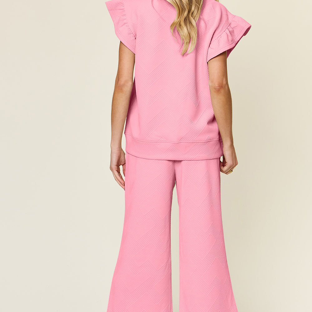 
                      
                        Texture Ruffle Short Sleeve Top and Drawstring Wide Leg Pants Set
                      
                    