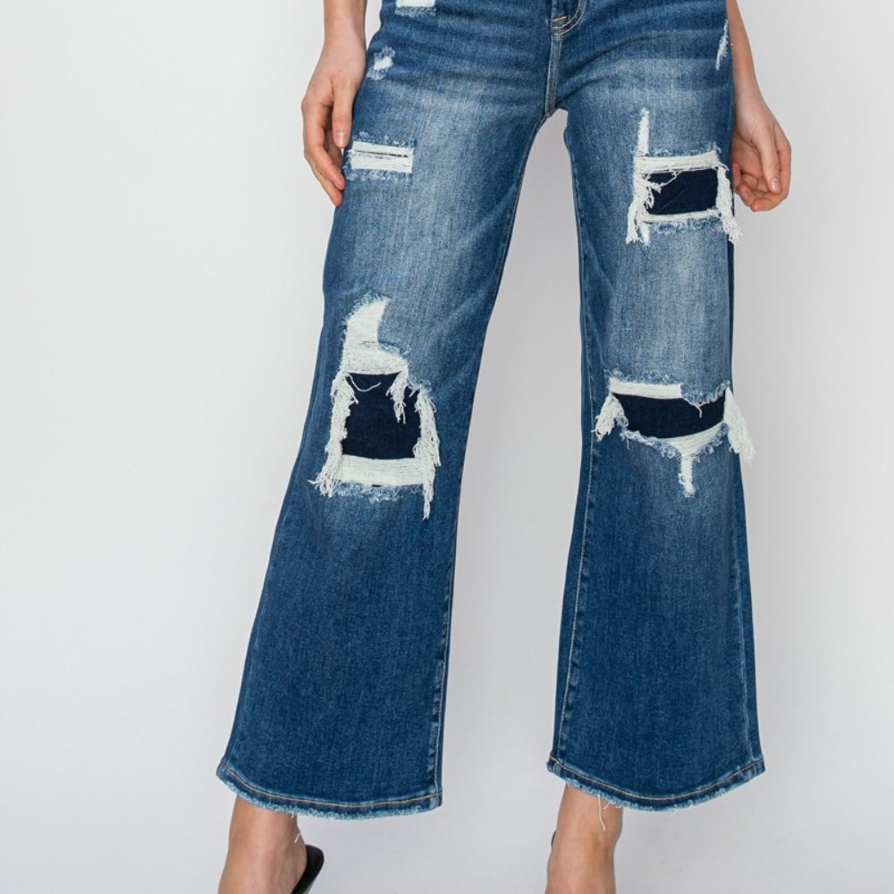 Risen Full Size High Rise Patch Detailed Wide Leg Crop Jeans