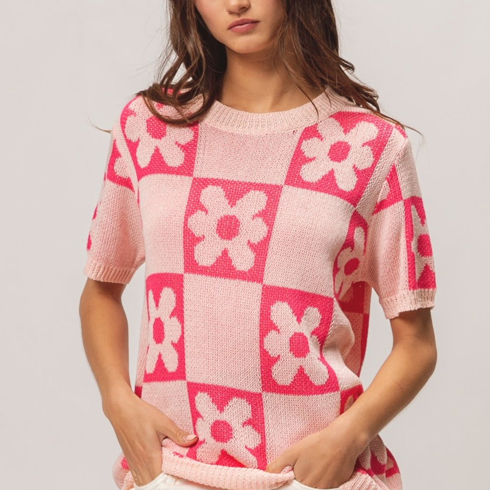 Flower Checker Pattern Short Sleeve Sweater