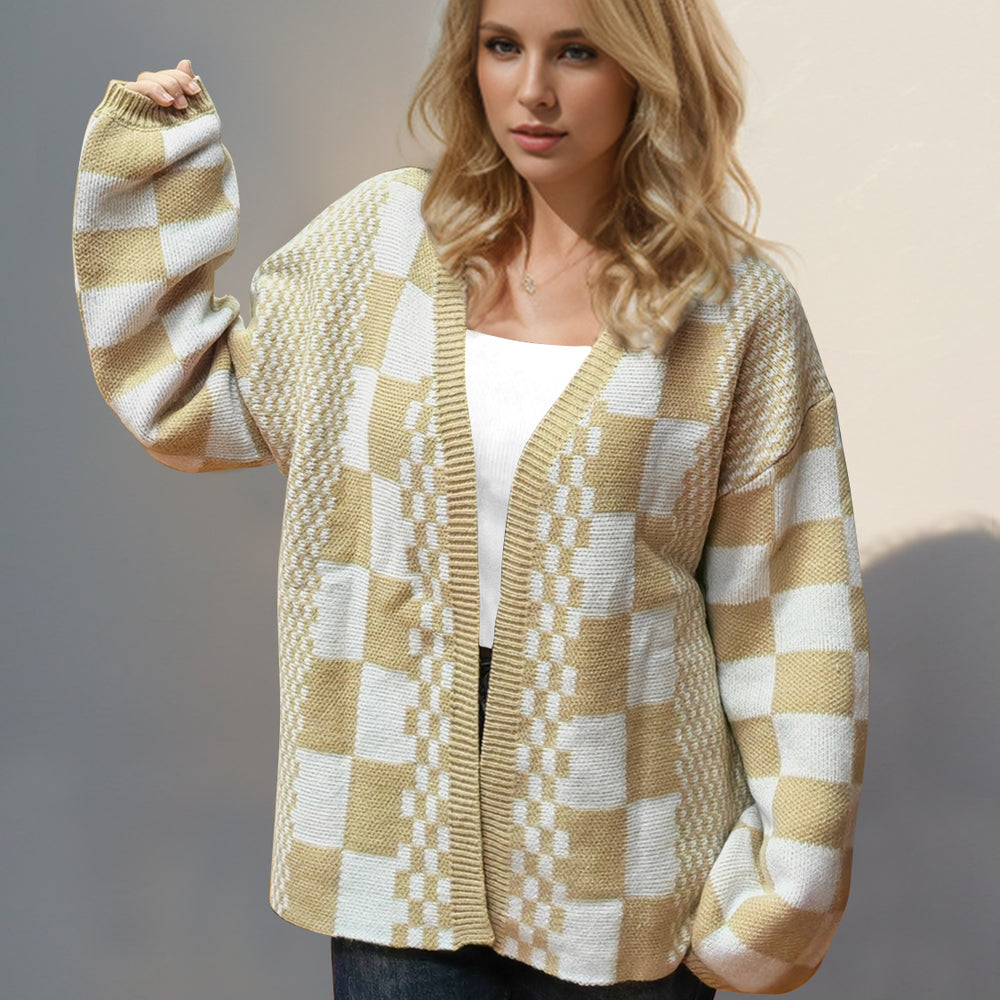 Checkered Open Front Dropped Shoulder Cardigan