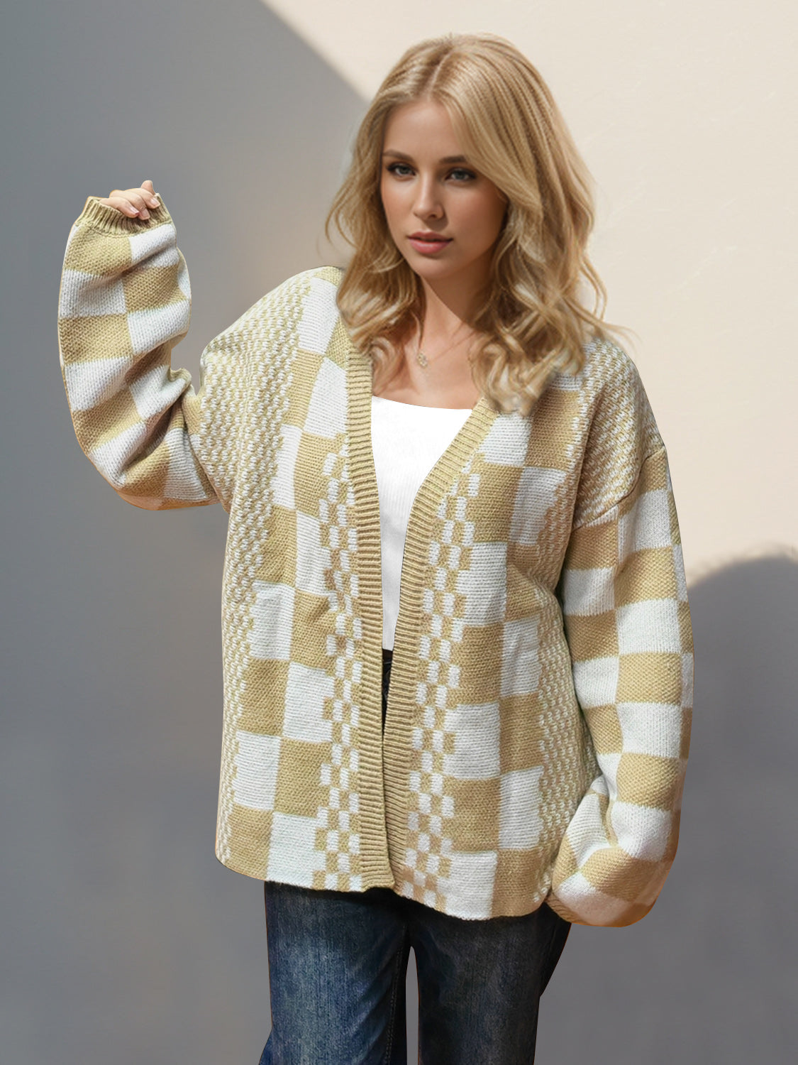 Checkered Open Front Dropped Shoulder Cardigan