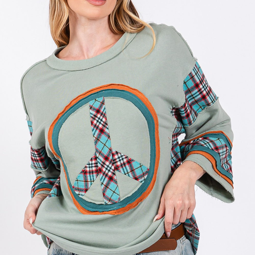 
                      
                        Peace Applique Patch Contrast Plaid Top
                      
                    