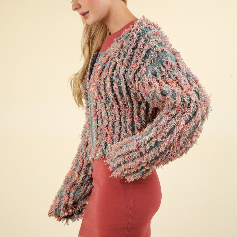 
                      
                        Shaggy Yarn Knit Zip Up Jacket
                      
                    