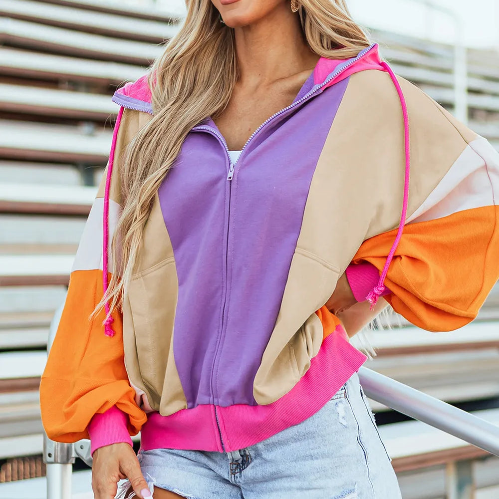 
                      
                        Drawstring Color Block Zip Up Long Sleeve Hoodie
                      
                    