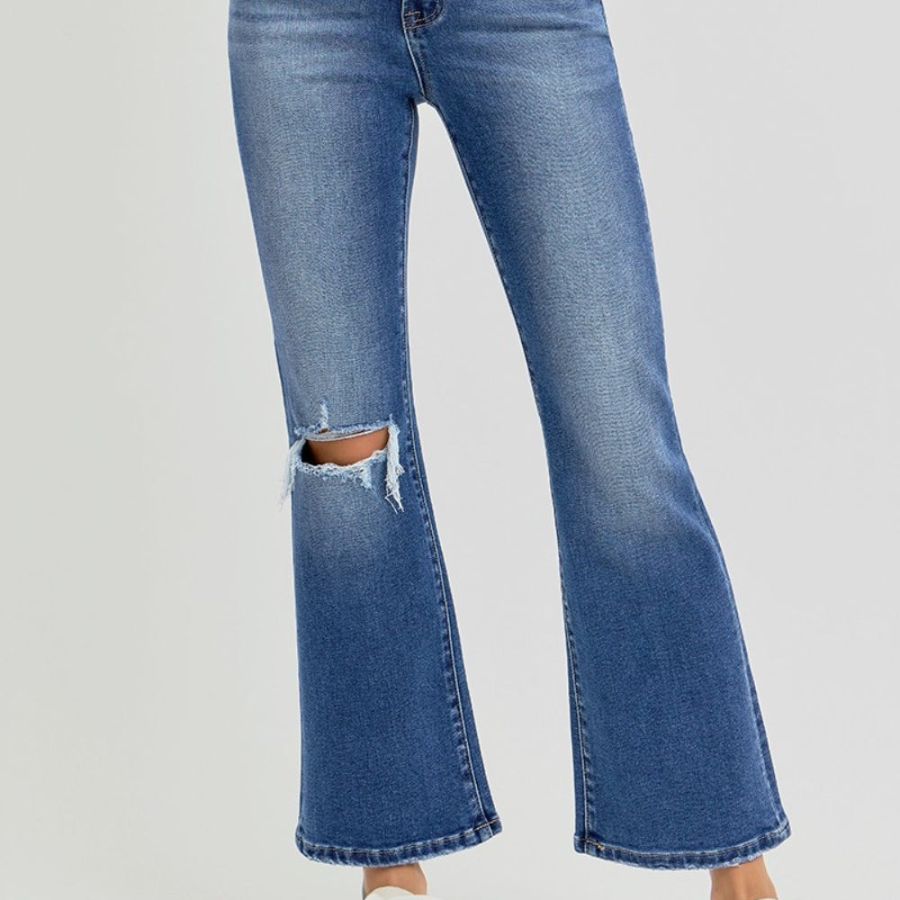 
                      
                        RISEN Distressed High Rise Crop Flare Jeans
                      
                    