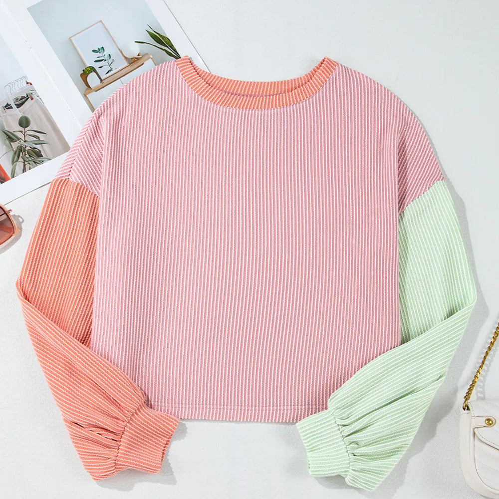 Color Block Round Neck Long Sleeve Top