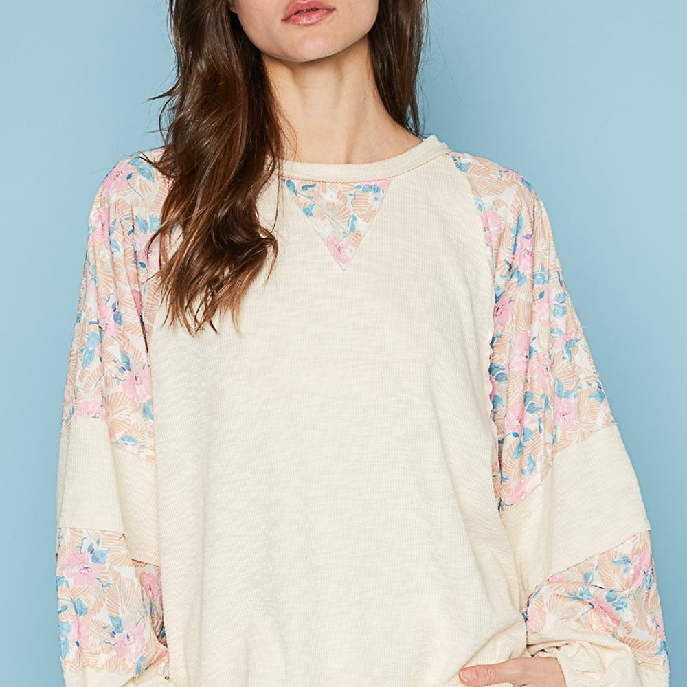 Round Neck Balloon Floral Long Sleeve Top