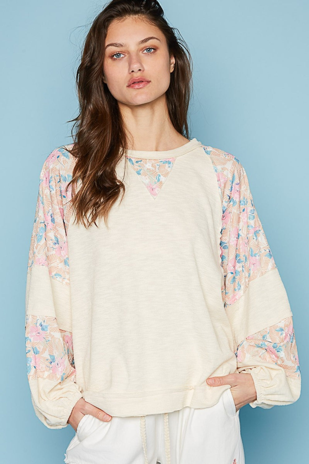 Round Neck Balloon Floral Long Sleeve Top