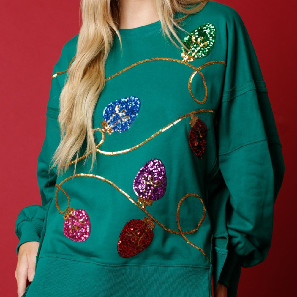 Sequin Christmas Lights Round Neck Sweatshirt