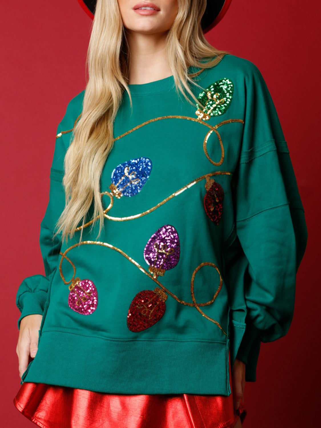 Sequin Christmas Lights Round Neck Sweatshirt