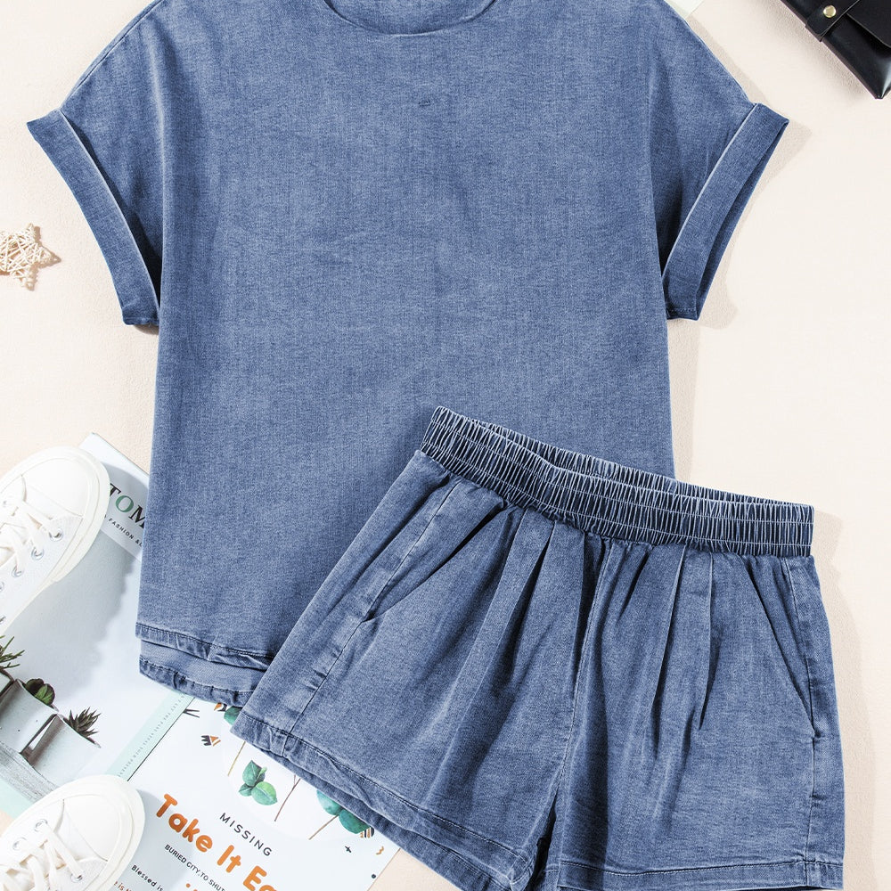 Round Neck Short Sleeve Top and Shorts Denim Set