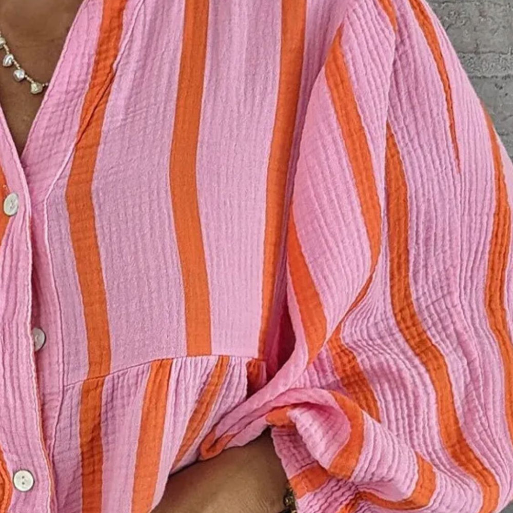 
                      
                        Striped Notched Long Sleeve Blouse
                      
                    