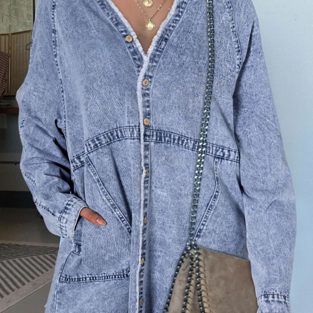 Raw Hem Button Down Long Sleeve Denim Dress