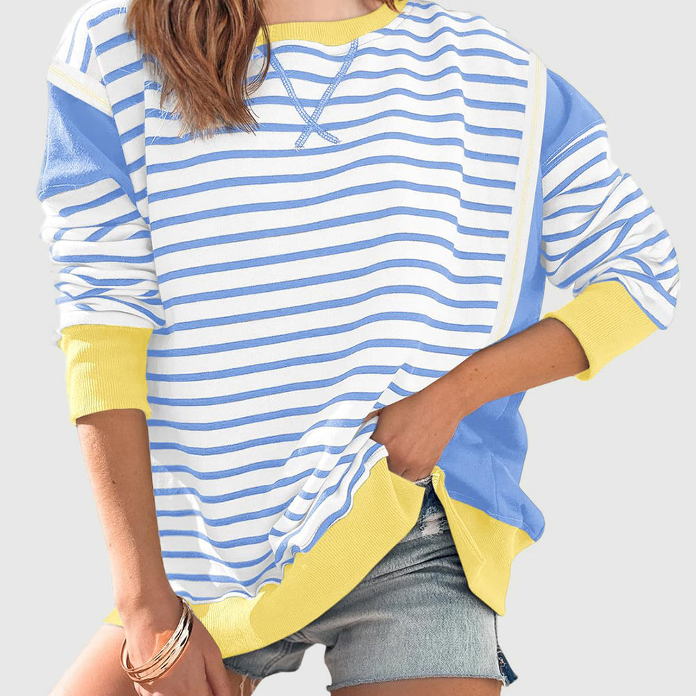 
                      
                        Slit Exposed Seam Striped Long Sleeve Sweatshirt
                      
                    